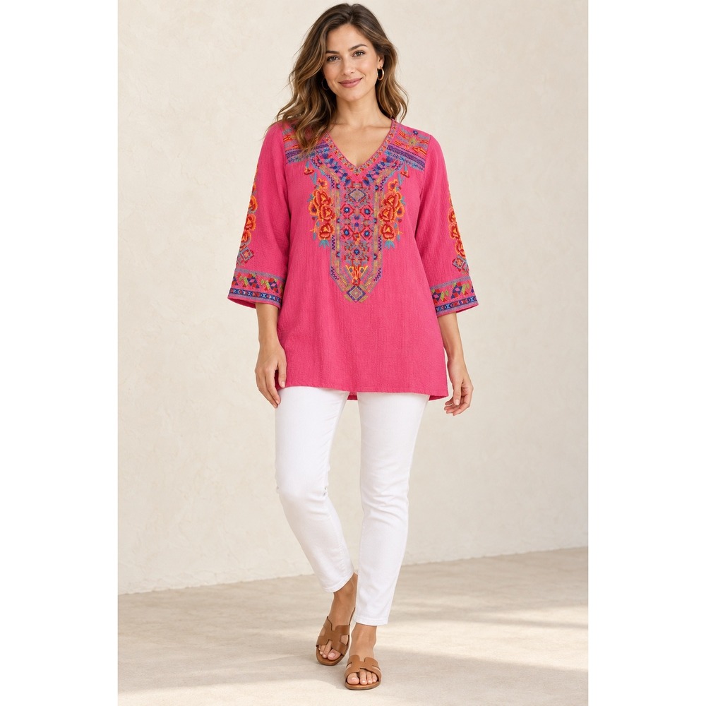 Caleoos Pink Embroidered Boho Tunic Floral Gauze V-Neck Blouse Large C5